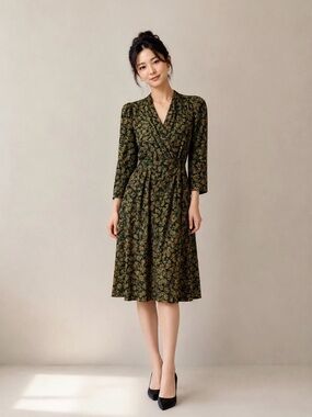 Japanese Vintage Floral Wrap Midi Dress in Olive Green
